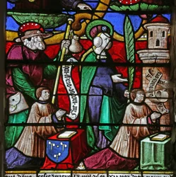Vidriera que representa el Árbol de Jesé: Jacques Prénel y Barbe Laurendel con San Jaime y Santa Bárbara